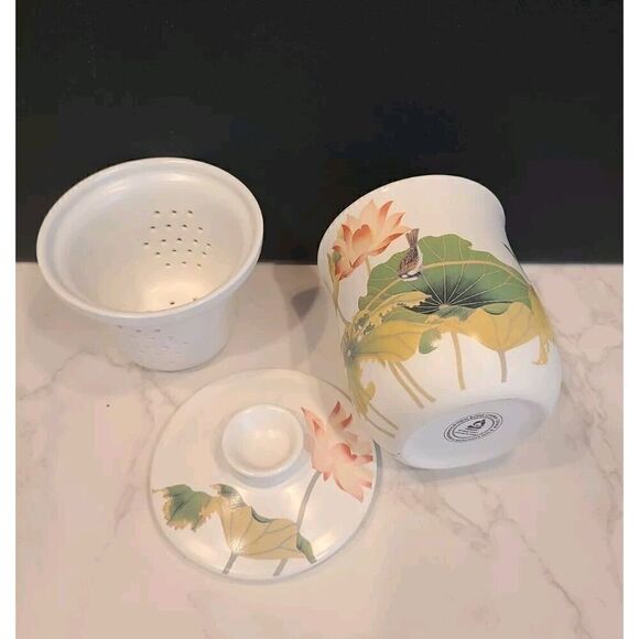 Teavana Porcelain Tea Cup Infuser With Lid Birds & Flower Design - 3 Pieces EUC - Picture 6 of 9